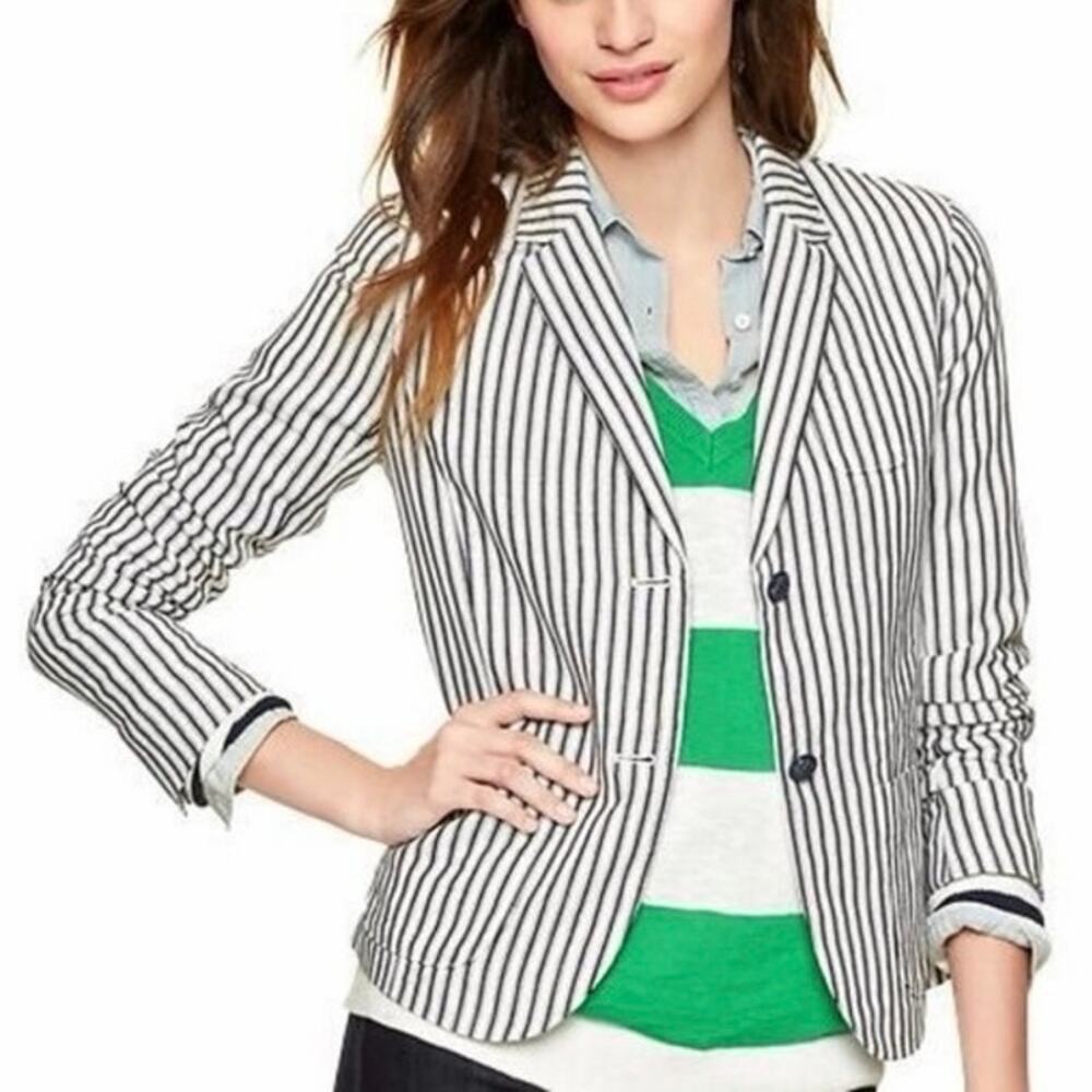 Gap Washed Linen Striped Blue White Blazer 4 NWT